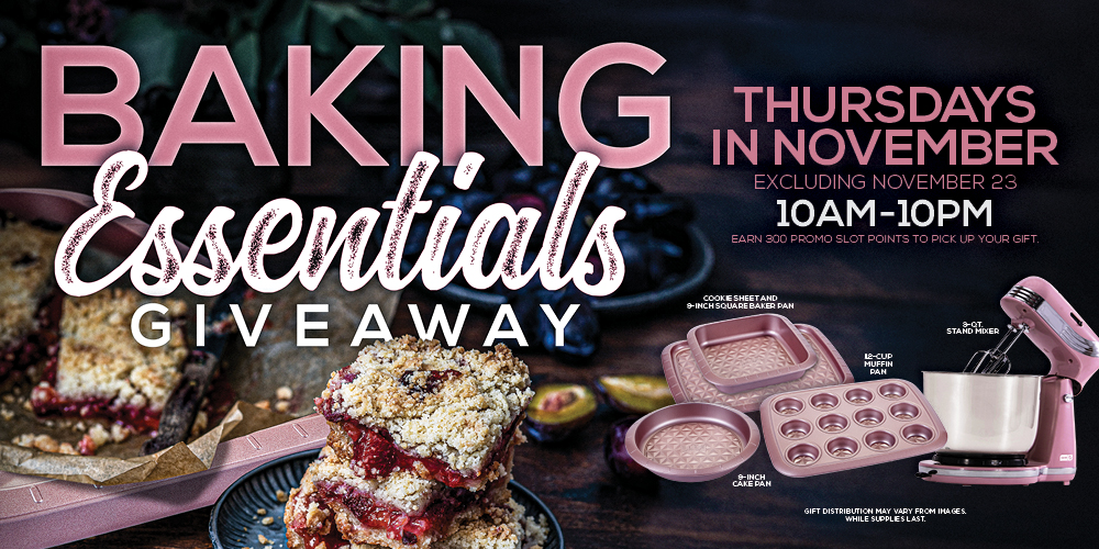 BAKING ESSENTIALS GIVEAWAY. Collect the whole set: muffin pan, cake pan, stand mixer, cookie sheet and square baker.